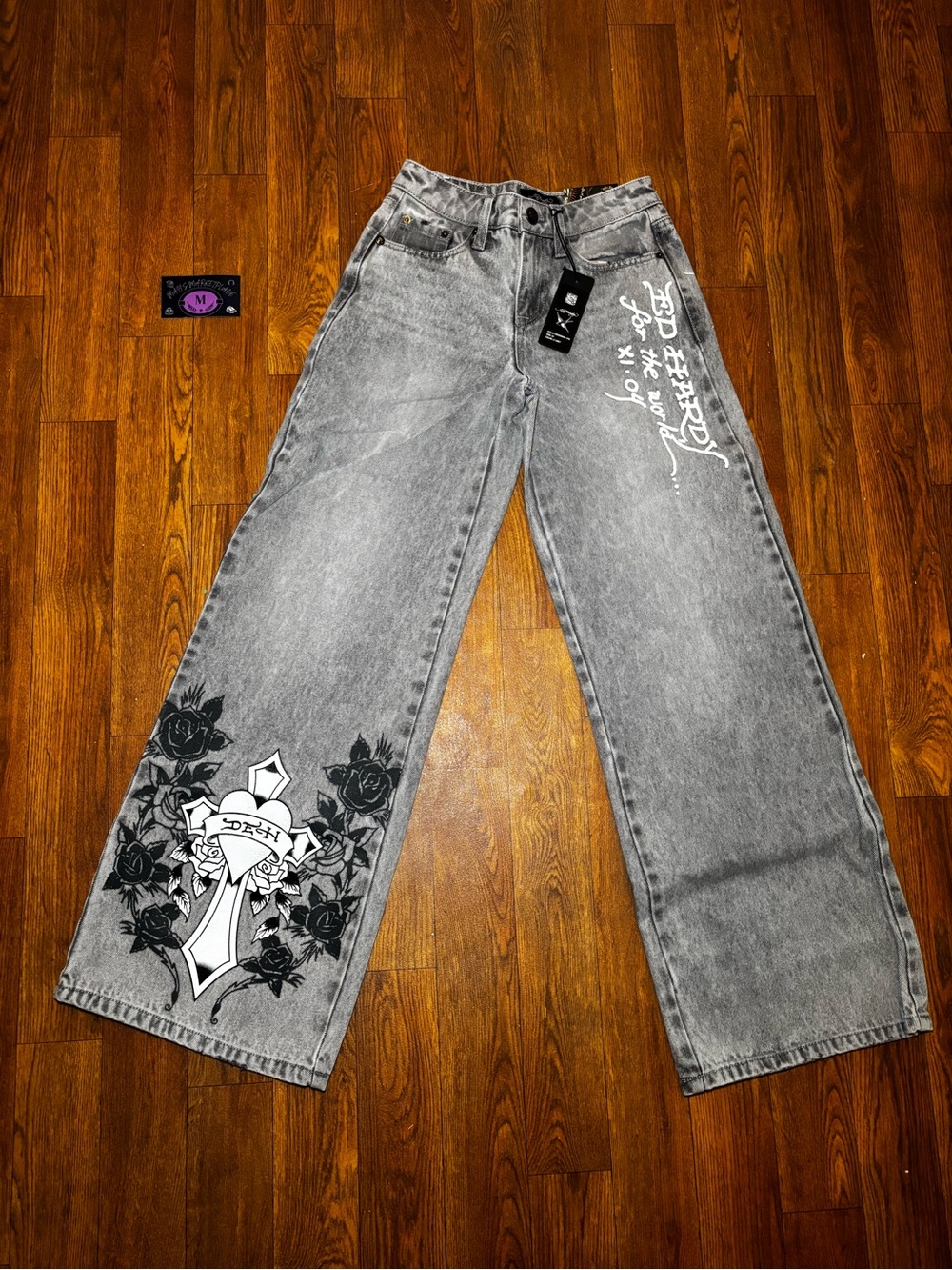 Ed Hardy Gray Wide-Leg Jeans with Black Rose & Cross Graphics